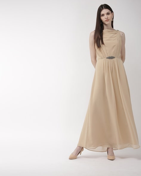 ASOS DESIGN jacquard chiffon high neck mini dress with pintuck sleeve  detail in beige | ASOS