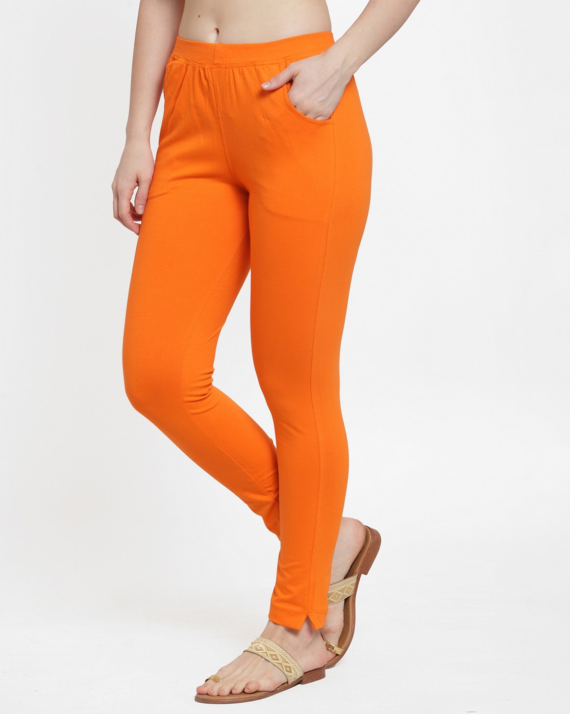Women Extra Long Churidar Leggings Plain Cotton Yoga Workout Pant Orange  Green 2