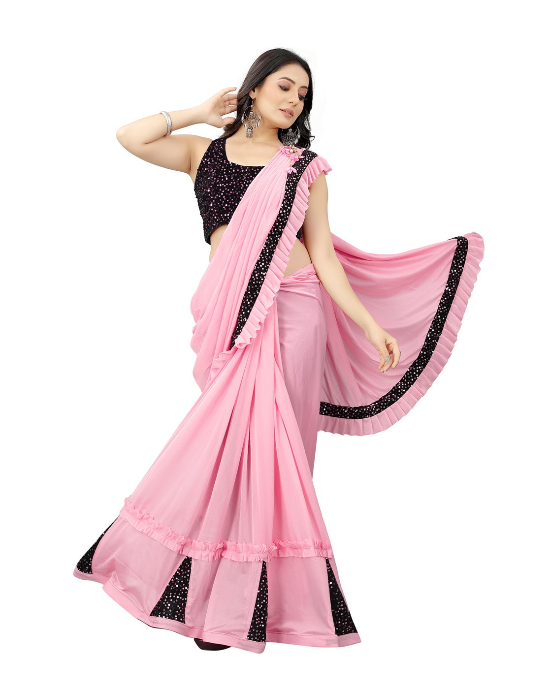 Sarees | Baby Pink Saree With Black Glitter Ruffle Border | Freeup