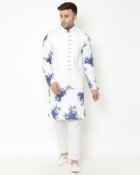 White kurta pajama with printed online jacket