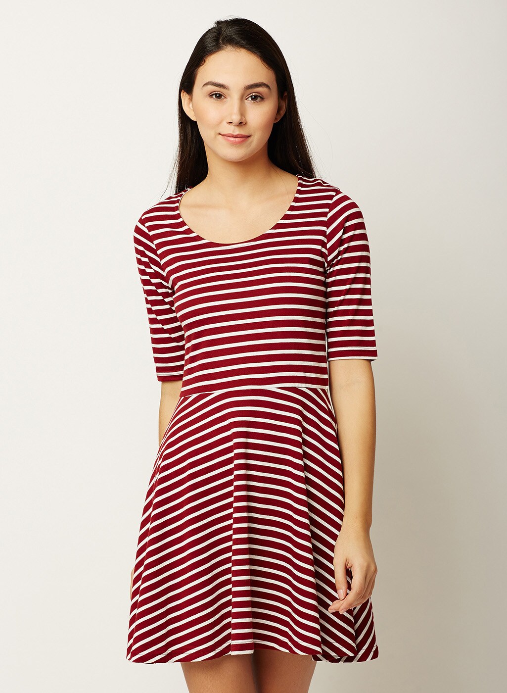 Maroon and white striped dress sale