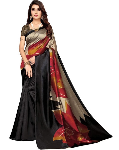 Mysore Silk Saree- Red with Contrast Black Thick Border (Attached Blou