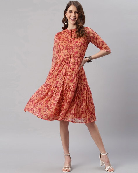 SHEIN MOD Floral Print Puff Sleeve Bow Front Organza Dress | Organza dress,  Beautiful frocks, Short frocks