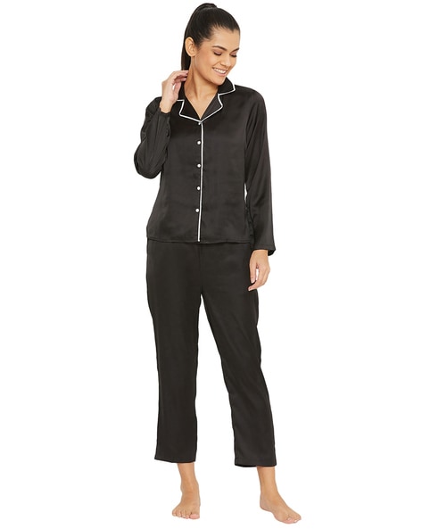 Black satin long online sleeve pyjamas