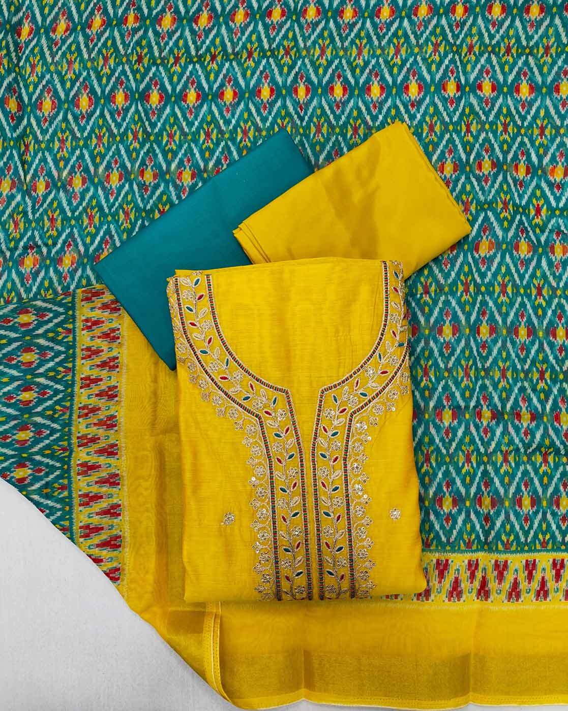 MADHULIKA KOTA DORIA MAGGAM WORK UNSTICHED DRESS MATERIAL WITH PLAIN  BOTTOM-Shoppypark.com