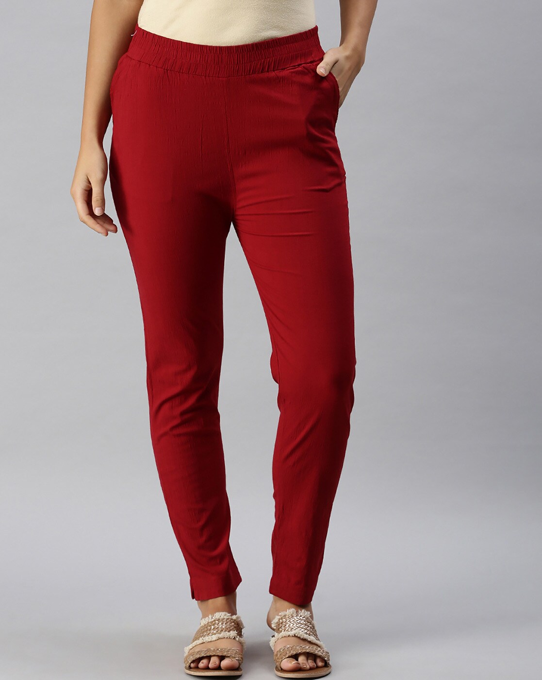 Buy STOP Red Solid Straight Fit Cotton Lycra Women's Casual Wear Pants |  Shoppers Stop