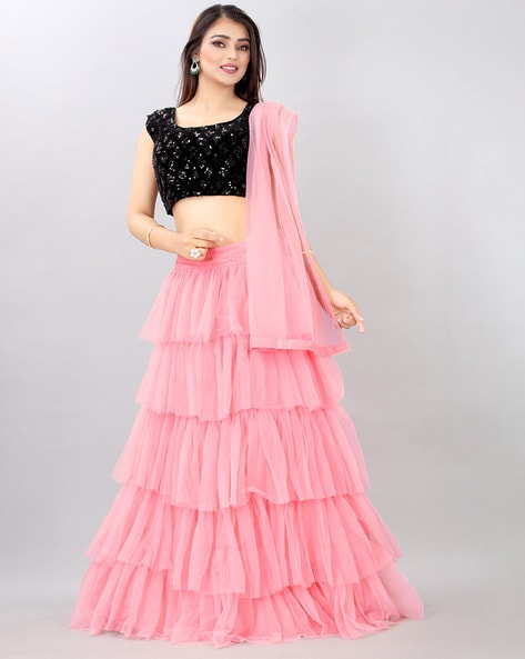 Divena Pink Printed Crop Top, lehenga with Dupatta set – divena world