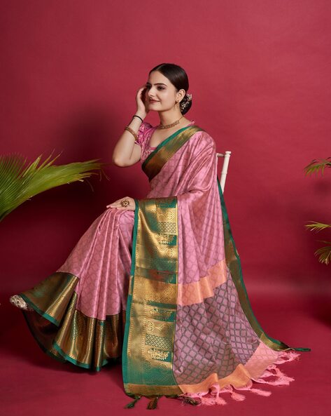Pink and Peach Big Border Pure Kanchipuram Silk Saree– Clio Silks