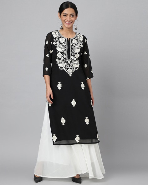 Silakaari Women's Black & White Premium Modal Lucknowi Extra Long Kurta  Palazzo Set | Silakaari |