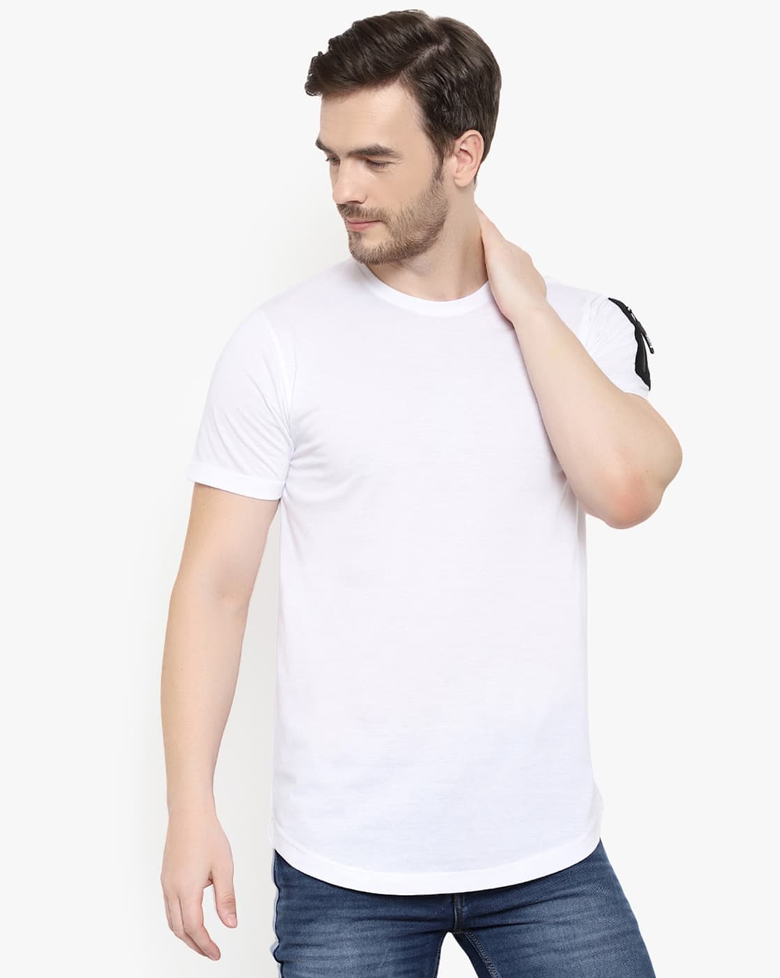 mens white curved hem t shirt