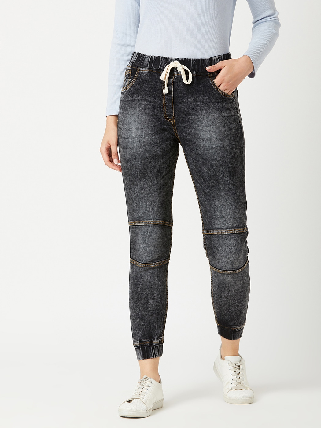 Sidefeel Women Distressed Pockets Denim Joggers Elastic Drawstring Waist Jeans  Pants US4 Light Blue at Amazon Women's Jeans store