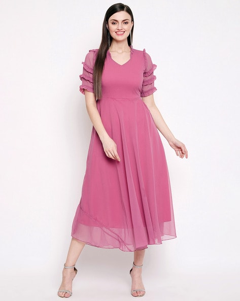Pink Double Flair Padded Long Dress  Women Pink Dresses Online  Simple  gowns Pink dresses online Long dress design