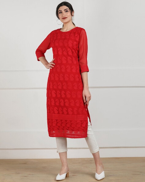 Buy online Red Coloured Embroidered Flared Kurta from Kurta Kurtis for  Women by Fabculture for 2099 at 52 off  2023 Limeroadcom