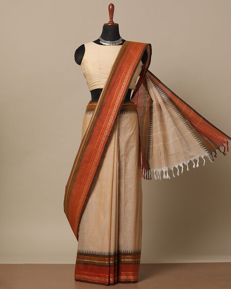 Khaki Brown Saree in Cotton Linen Multicolor Threadwork Embr