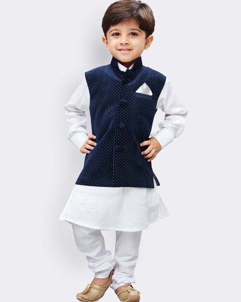 Cotton Blend Plain White Kurta Pajama And Cotton Satin Blend Phool Pattern  Digital Printed Modi Jacket | Exotic India Art