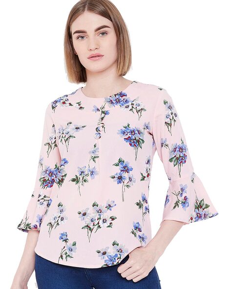 Women Rose Floral Bell Sleeves Regular Top