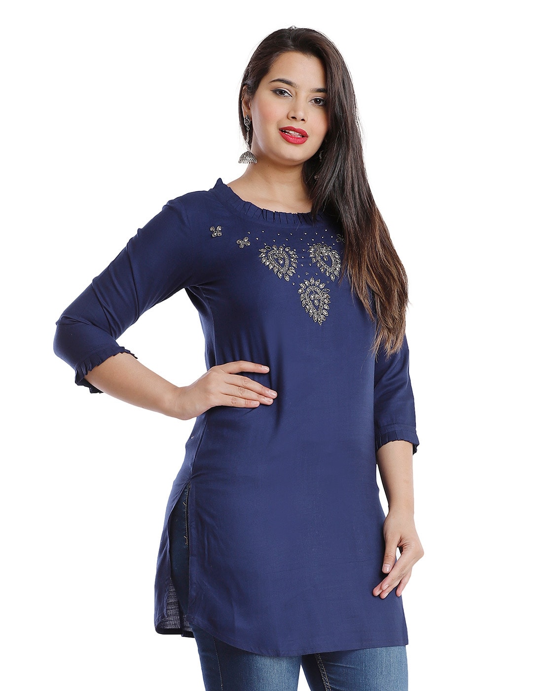 Wine red Embroidered Round-Neck Kurti with Motifs – Indofusion.ca