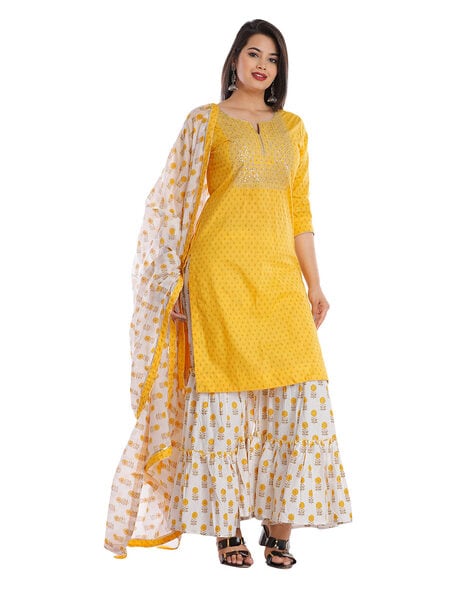 Buy Freesia Yellow Sharara Suit In Gotta Pati Embroidery, Crafted In  Georgette With A Round Neckline.