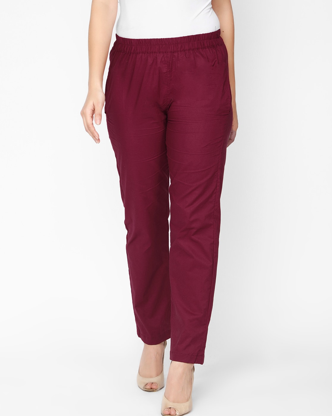 NIMIN Women's Satin Jogger Pants High Waisted Pull On Retro Belted Pant  Trousers with Pockets Burgundy Small at Amazon Women's Clothing store
