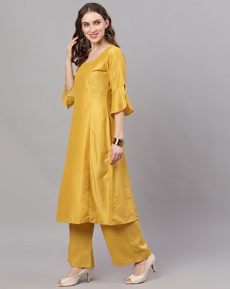 Yellow spaghetti kurta with striped pants - set of two by Akiso