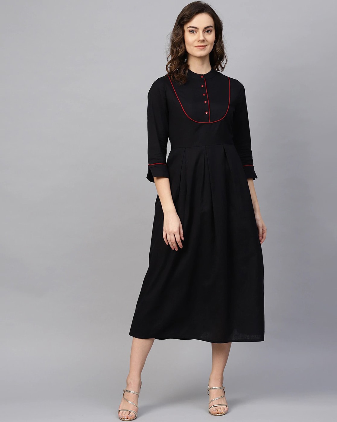 Black Three Quarter Sleeve A Line Dress