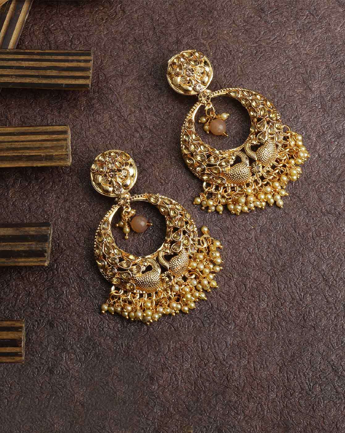 Stylish And Party Wear Jhumkas Latest Collection 5 Layer Latkan Earrings  For Girls And Women Peach Gold Color Brass Jhumki Earring