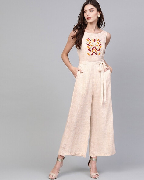 pannkh beige leaf print jumpsuit with insert pockets