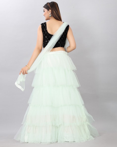 Seafoam Tulle Tiered Ruffle Lehenga Set Design by The little black bow at  Pernia's Pop Up Shop 2024