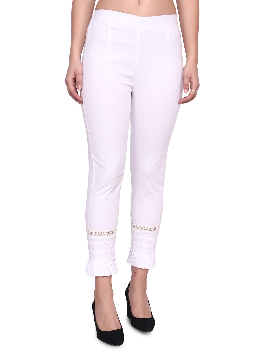White Straight Pants With Lace Work On Flares  cotrasworld
