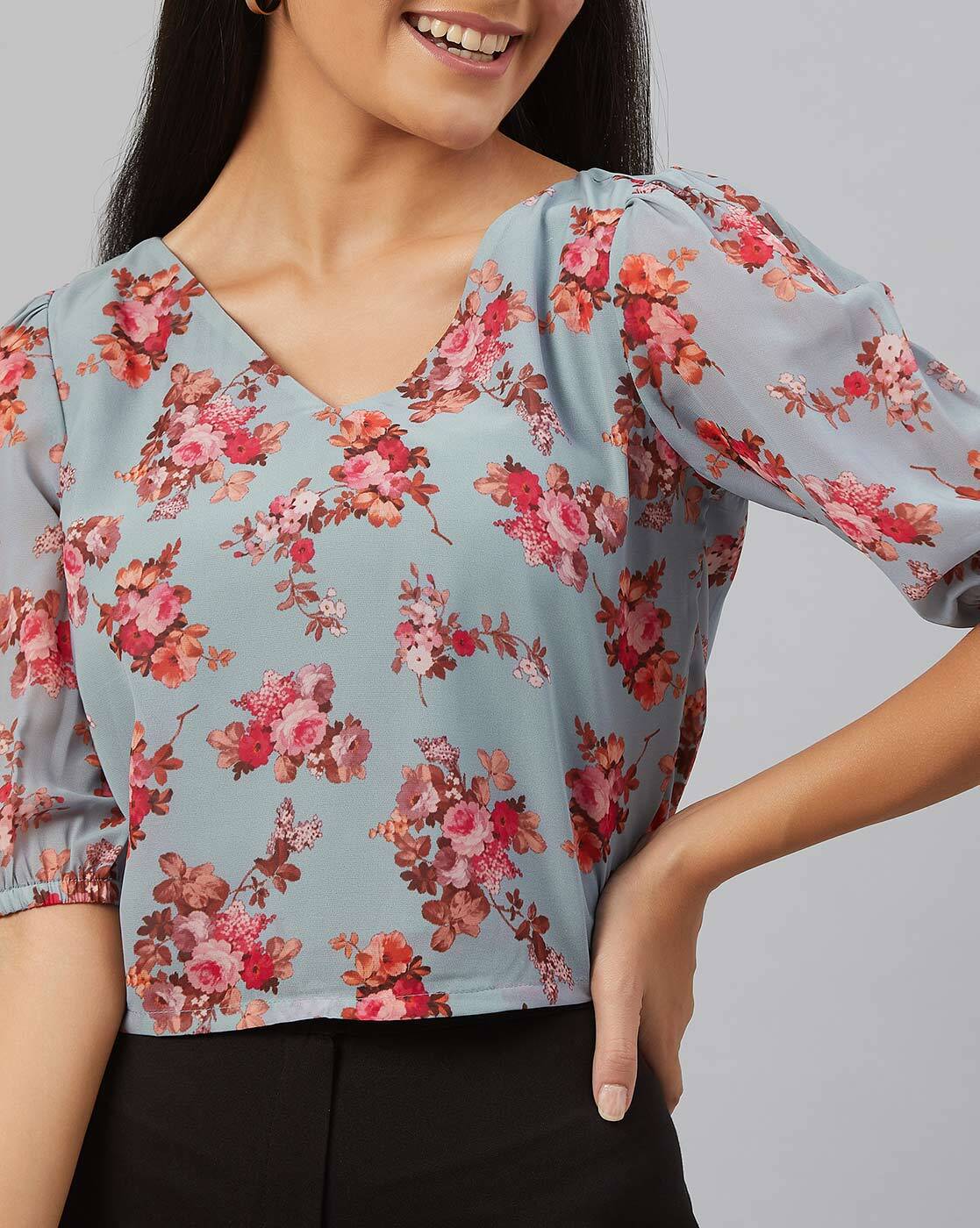 Willow & Root Floral Chiffon Top - Women's Shirts/Blouses in Blue Grey