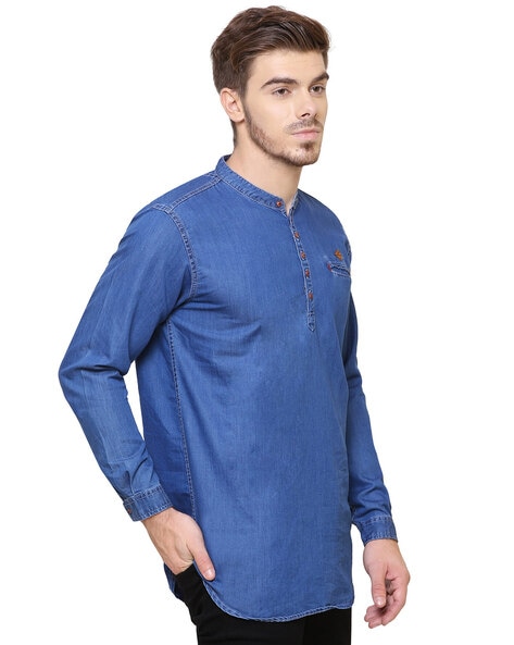 Shatranj Men's Indian Short Kurta Tunic Banded Collar Textured Shirt With  Pin-Tucks - In-Sattva