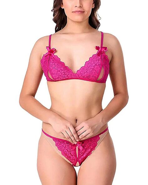 Lace Bra & Panty Set with Bow Accents