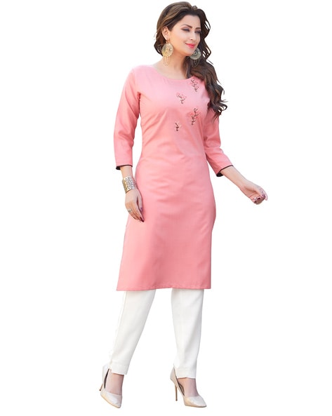 Exclusive Fancy Plain Cotton Pink Kurti ALine Designer Kurti  Lady India