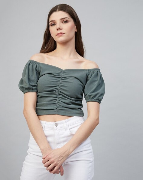 Orchid Ruffle Shoulder Ruched Front Crop Top, Crop Tops