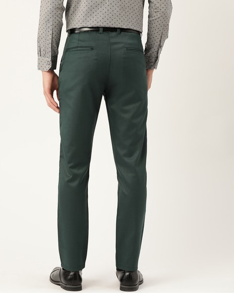 Light Green Solid Men Cotton Formal Slim Fit Trousers