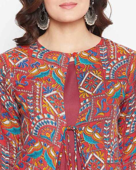 Cotton kurta with pant croptop with printed cotton jacket set of 3-020 –  Roshni Boutique