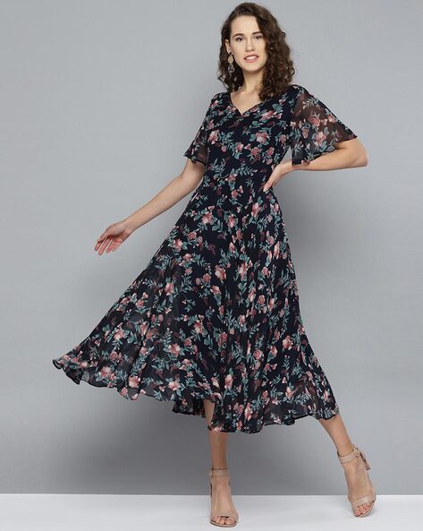 Women Floral Printed A-Line Dress– Inddus.in