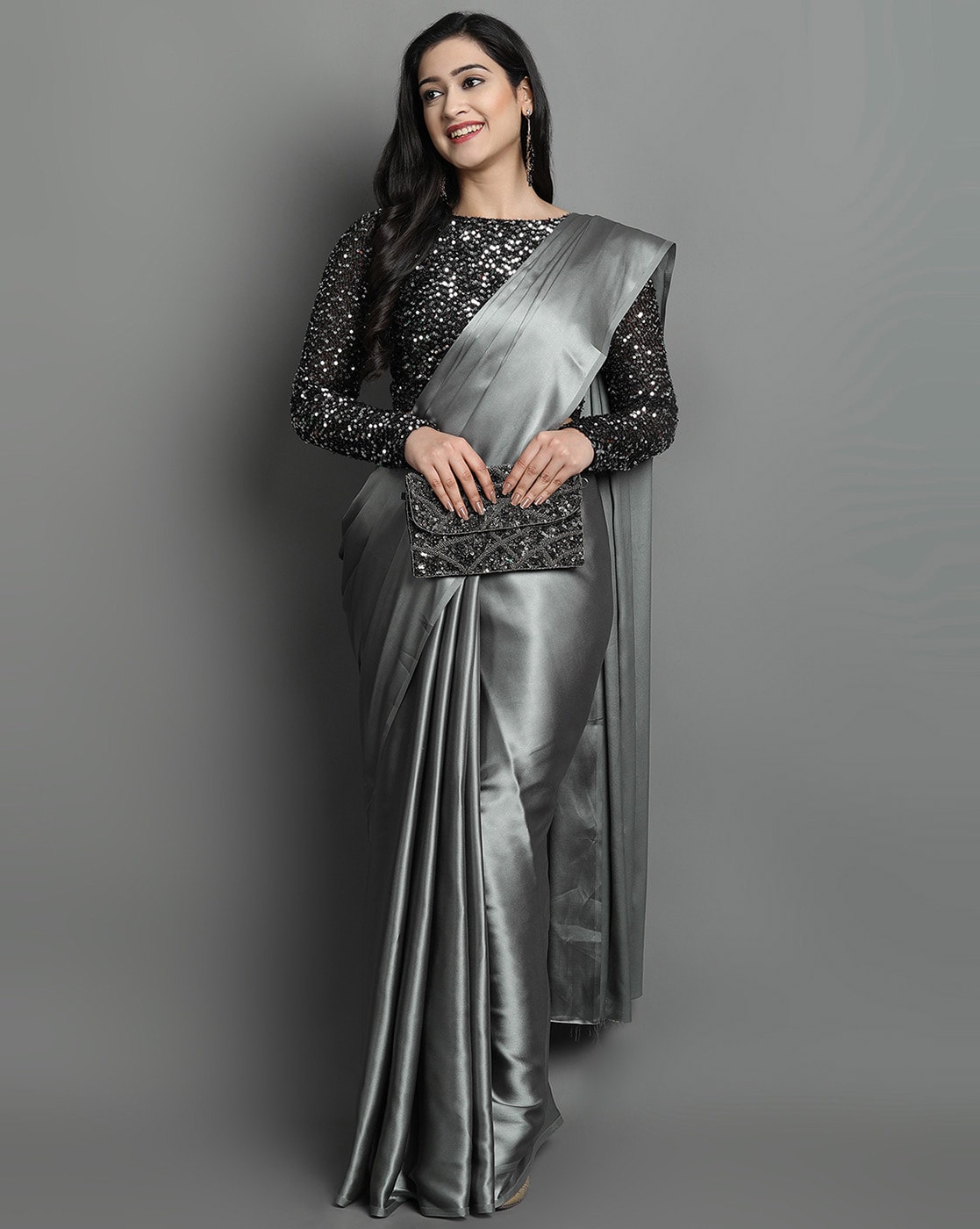 Grey Linen saree with tissue border with Paisley appliques