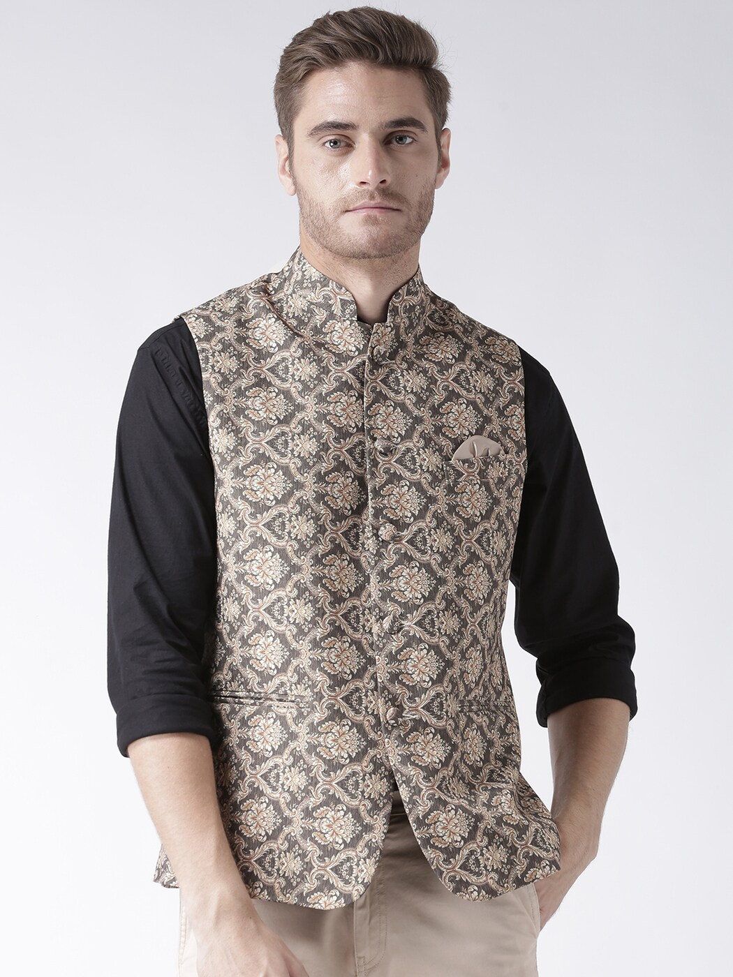 Hangup Plus Beige & Pink Regular Fit Printed Nehru Jacket