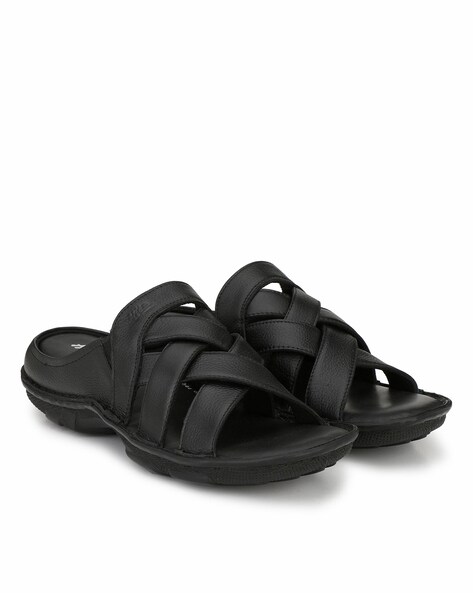 Buy Hitz Men's Black Leather Comfort Sandals with Velcro Closure online