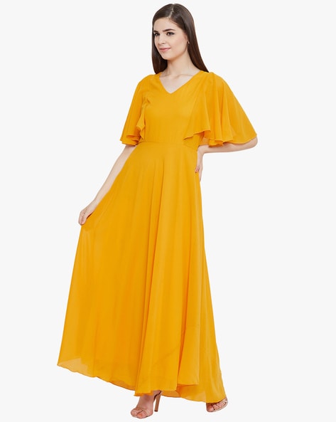 Raptus Lifestyle Women's Fit And 3 Meter Flare Floral Yellow Color Cotton  Readymade Haldi Gown With Dupatta Floral Anarkali Women's Long Gown,Festival  offer Sale offer Designer Yellow Stylish Haldi Gown With Chanderi