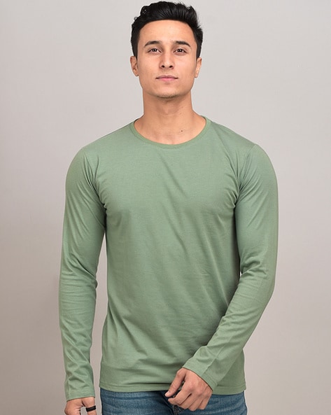 Basic Light green Crew Neckline Long Sleeves Cotton T-Shirt