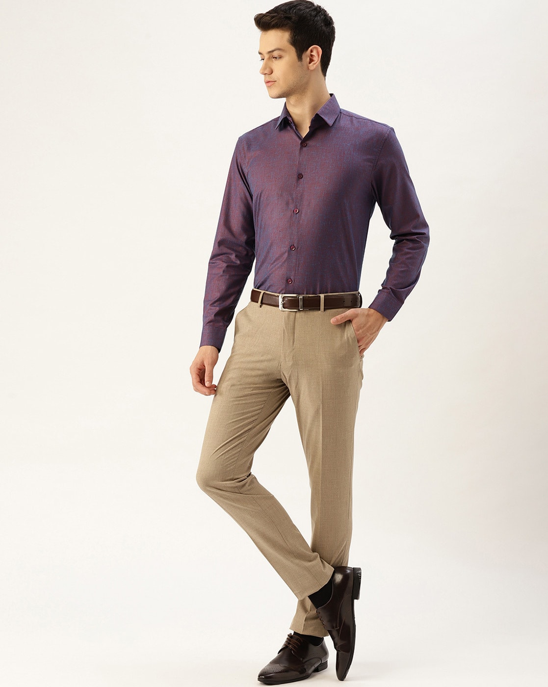 Purple shirt cheap brown pants