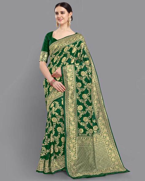 Buy Bottle Green Zari Woven Banarasi Silk Saree Online | Samyakk