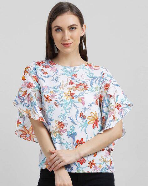 Zink London Floral Print Round-Neck Top with Flounce Sleeves