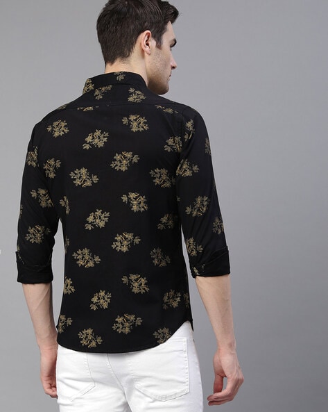 Black And Golden Flowers Print Full Sleeves Shirt