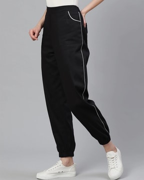 evolove Womens Jogger Stretchable Casual Trousers LadiesGirls Cotton  lycraTrack PantsJoggers Work Out Sports  Casual wear Black with 2  white Stripes  pdpmin