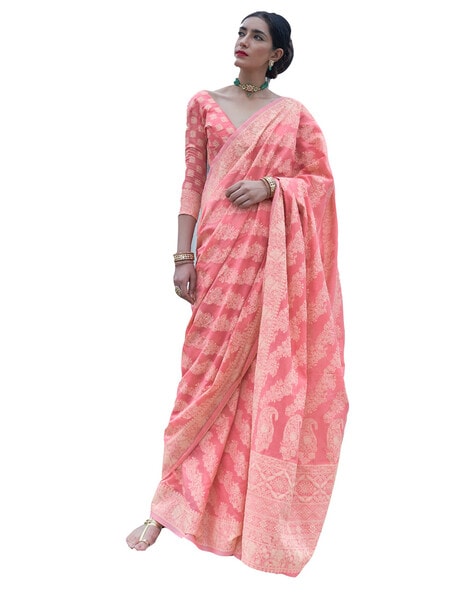 Tonys Pink Woven Lucknowi Chikankari Cotton Silk Saree - Urban Womania