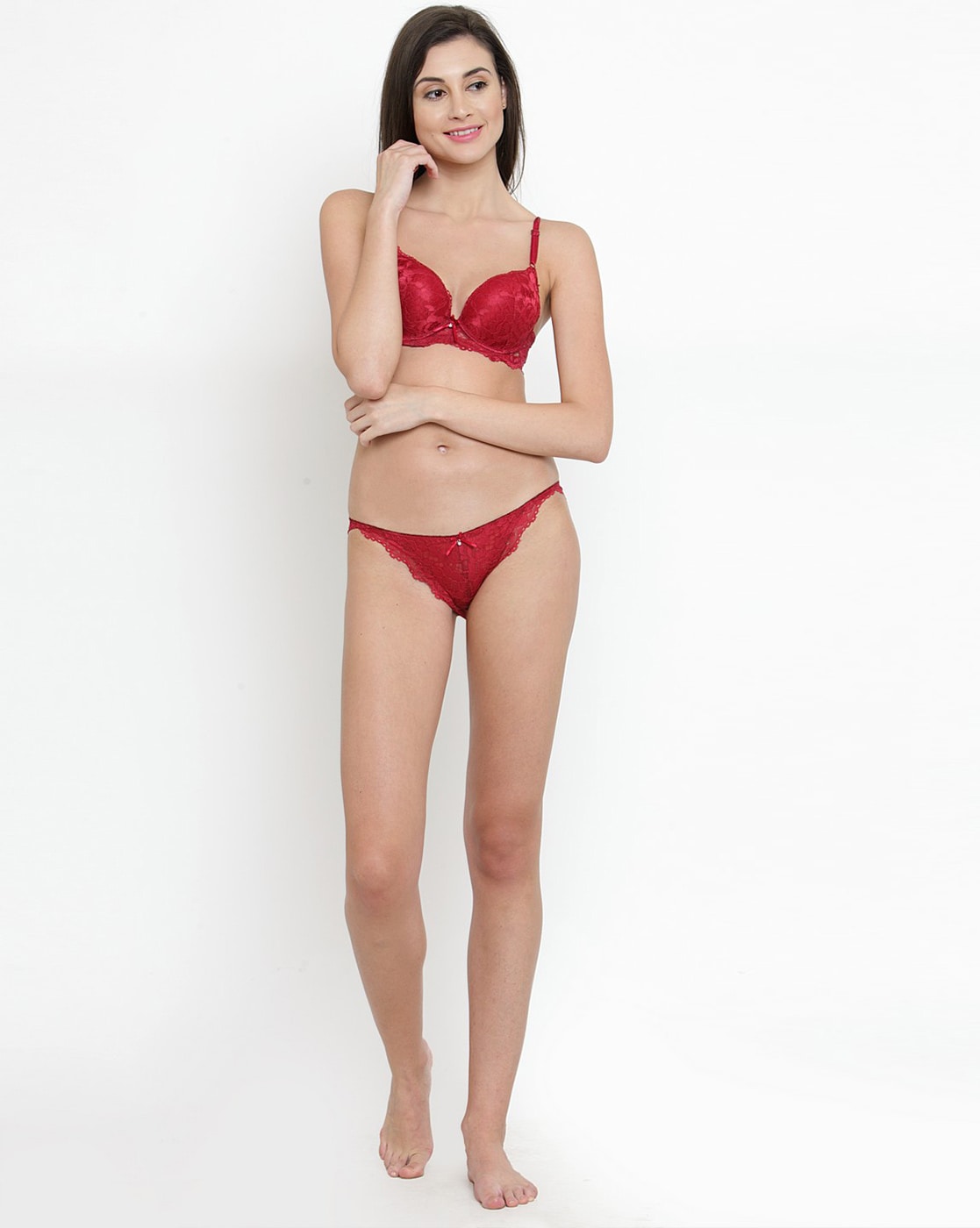 Buy PrettyCat Wirefree Elegant Lace Bra Panty Set - Maroon Online