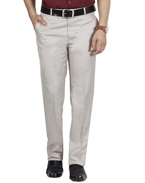 Plain Men Cream Color Polyester Trouser Slim Fit